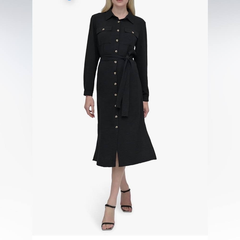 NWT DKNY Dress size 4 Black Women's Long Sleeve Collared Tie Waist Midi